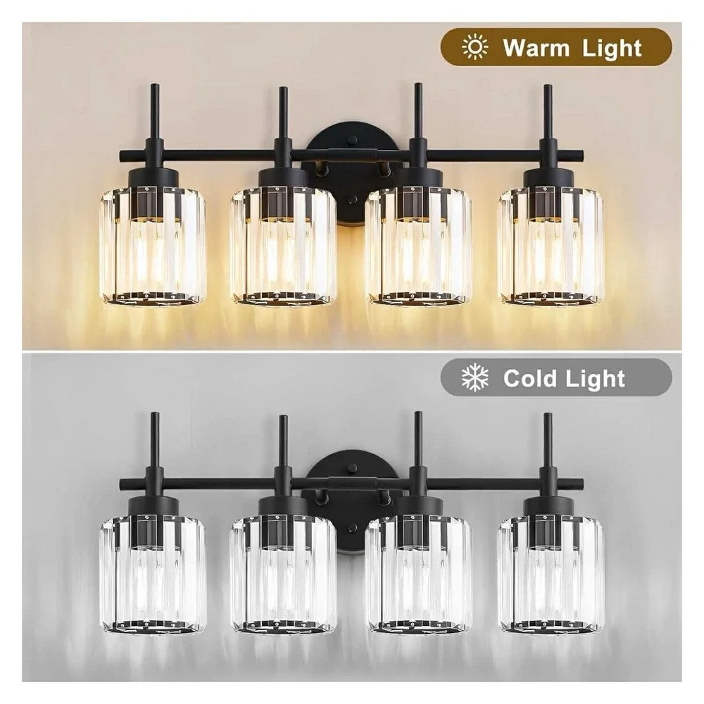 4 Light Round Crystal Vanity Lights Modern Black Crystal Wall‎ Light Bath Mirror